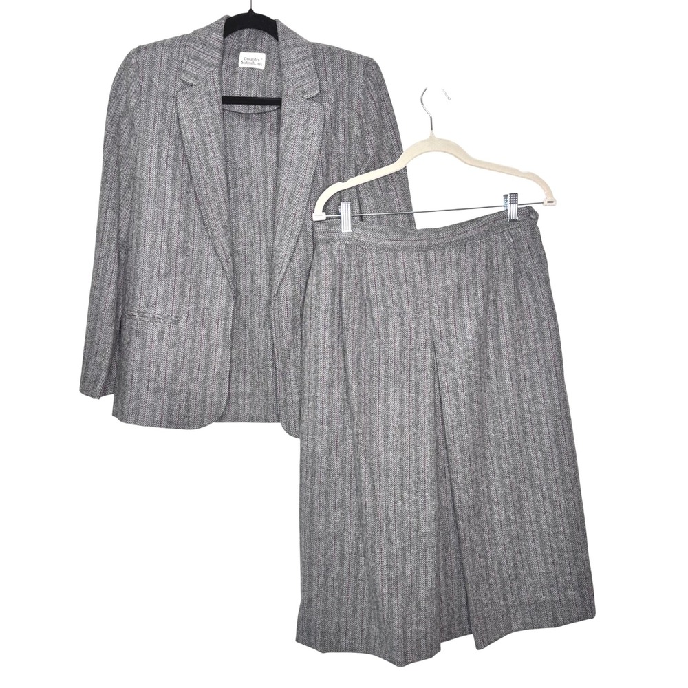 80s English Country Suburbans Wool Herringbone Blazer Skirt Set Size M Classic